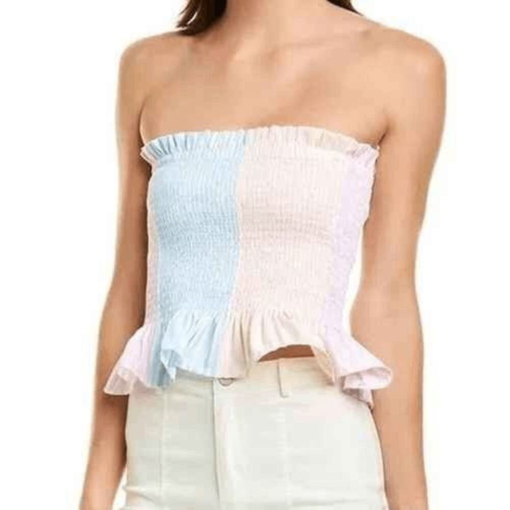 Petersyn Pastel Colorblock Smocked Strapless Ruffle Crop Top